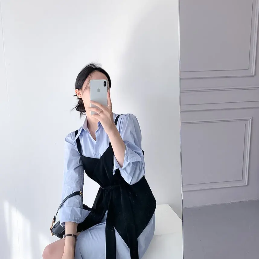 

Early Spring 2025 Chic Vintage Loose Shirt Dress Set Women's Strap Dress Elegant Fashionable Casual Workwear Student Uniform