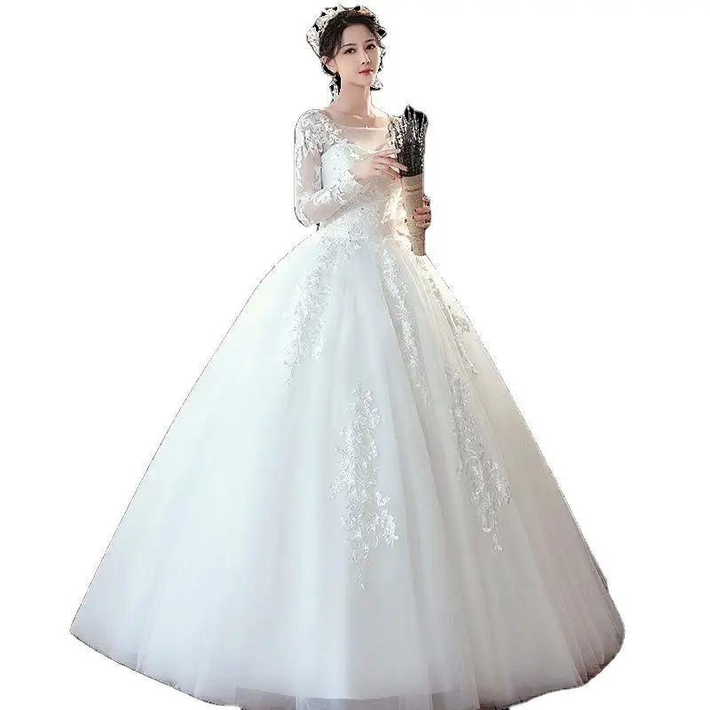 Dolce o-collo abito da ballo abiti da sposa con manica lunga elegante abito da sposa lungo fino al pavimento classico pizzo Tulle abiti De Novia