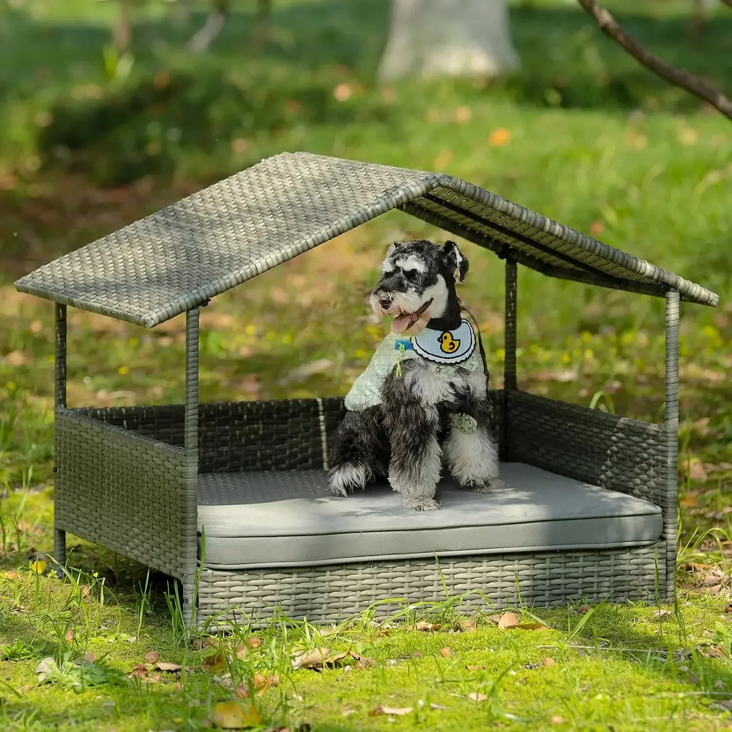 

32" Wicker Dog House with Canopy, Indoor/Outdoor Elevated Rattan Dog Bed with Water-Resistant Soft Cushion