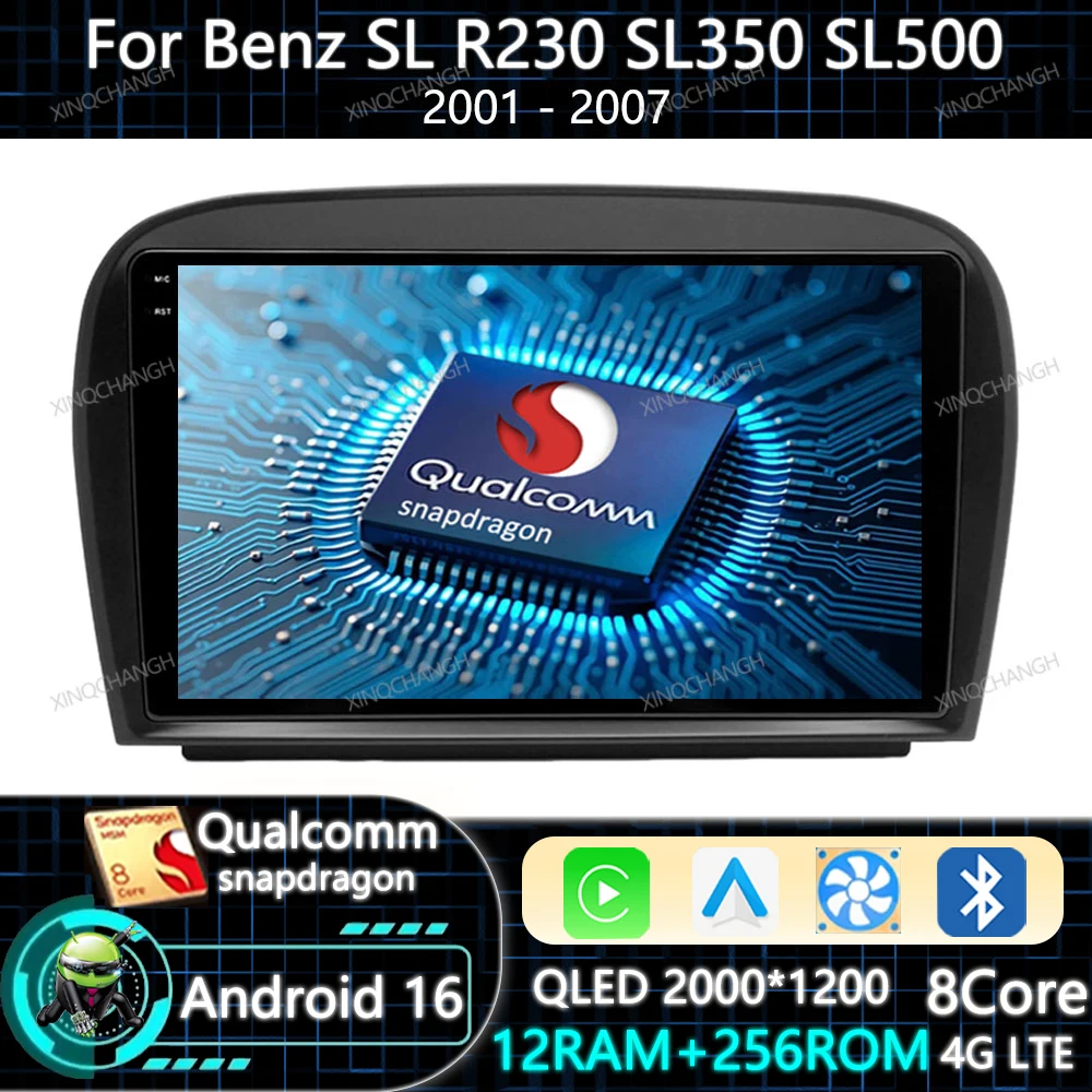 Android 16 Car Radio Carplay Auto For Mercedes Benz SL R230 SL350 SL500 SL55 SL600 SL65 2001 - 2007 Navigation QLED Qualcomm BT
