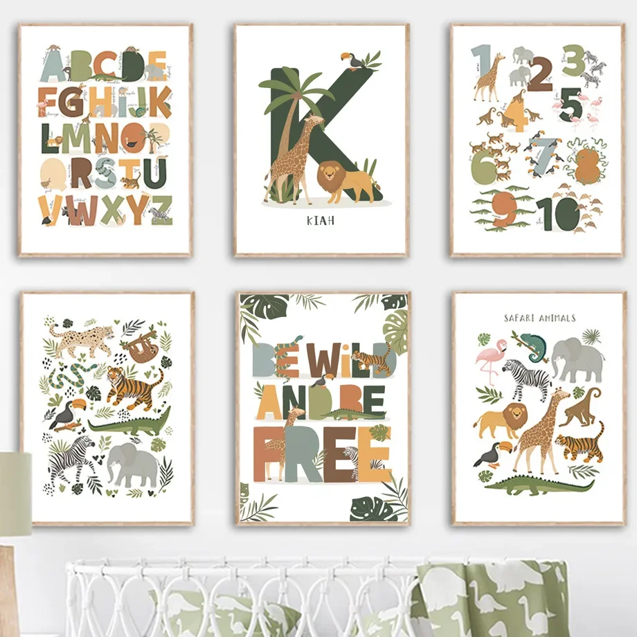 Lion Giraffe Alphabet Number Jungle Animal Nursery Prints Nordic Poster Wall Art Canvas Painting Pictures Baby Kids Room Decor