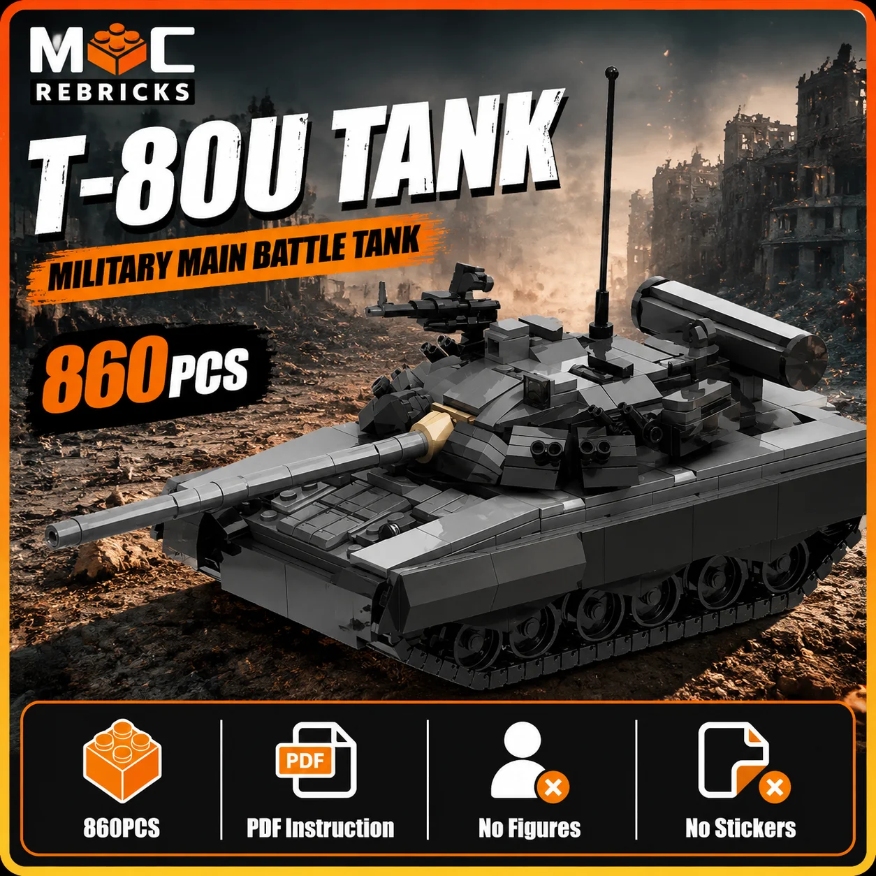 MOC Military T-80U Main Battle Tank Building Blocks Heavy Armored Vehicle Model Crawler Bricks DIY Construction Toys Boy Gift