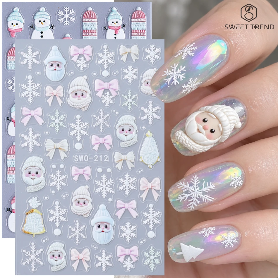 2pcs Embossed Christmas Nail Stickers Cute Snowman Santa Bow Snowflake Self‑Adhesive Nail Decals Winter Xmas DIY Manicure Decor