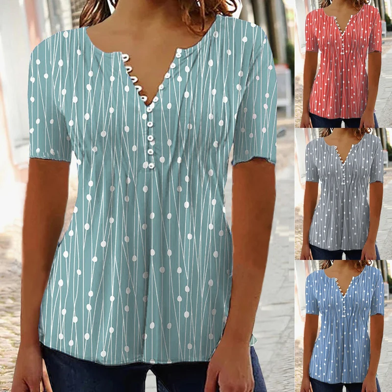 Women V-neck Polka Dot Print Elegant Blouse Summer Fashion Short Sleeve Loose Tunic Tops Casual Button Up Shirts Female Clothing