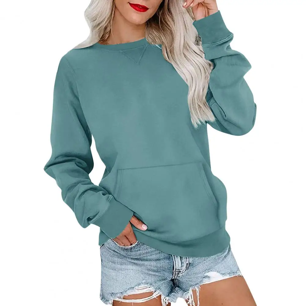 Women Sweatshirt Stylish Women's Sweatshirt with Big Front Pocket Elastic Cuffs Comfortable Round Neck Mid Length for Commuting