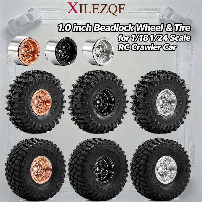 XILEZQF 4PCS 1.0 Inch Beadlock Wheels 57/63mm Tires for SCX24 AX24 FCX24 1/24 RC Crawler Upgrades