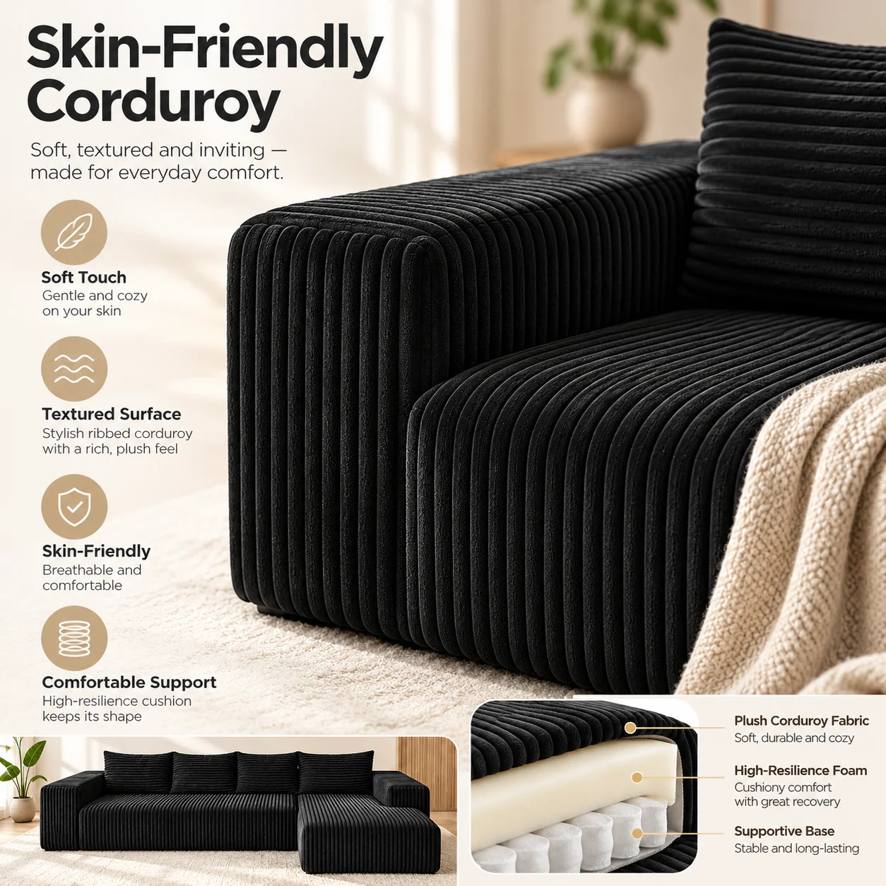 L Shaped Sofa Couch, Black Corduroy Sectional Sofa with Chaise, Compressed Sofa for Living Room, Left/Right, 234/288cm