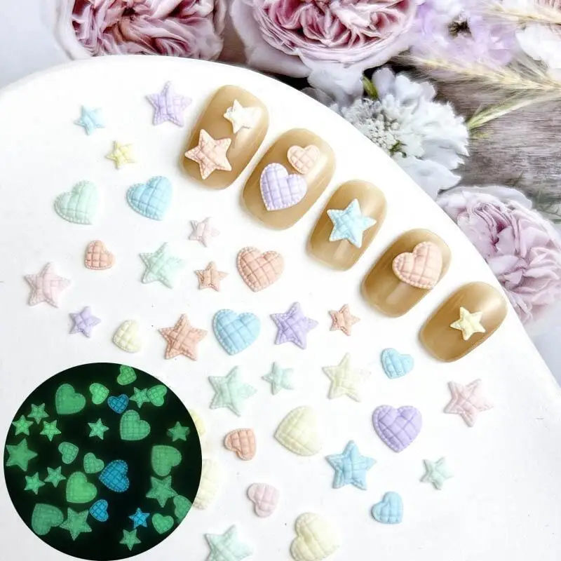50PCS Macaron Colored Check Hearts Nail Charms Minimalist Luminous Star Mixed Sized Resin Nail Art Decorations DIY Nails Crafts