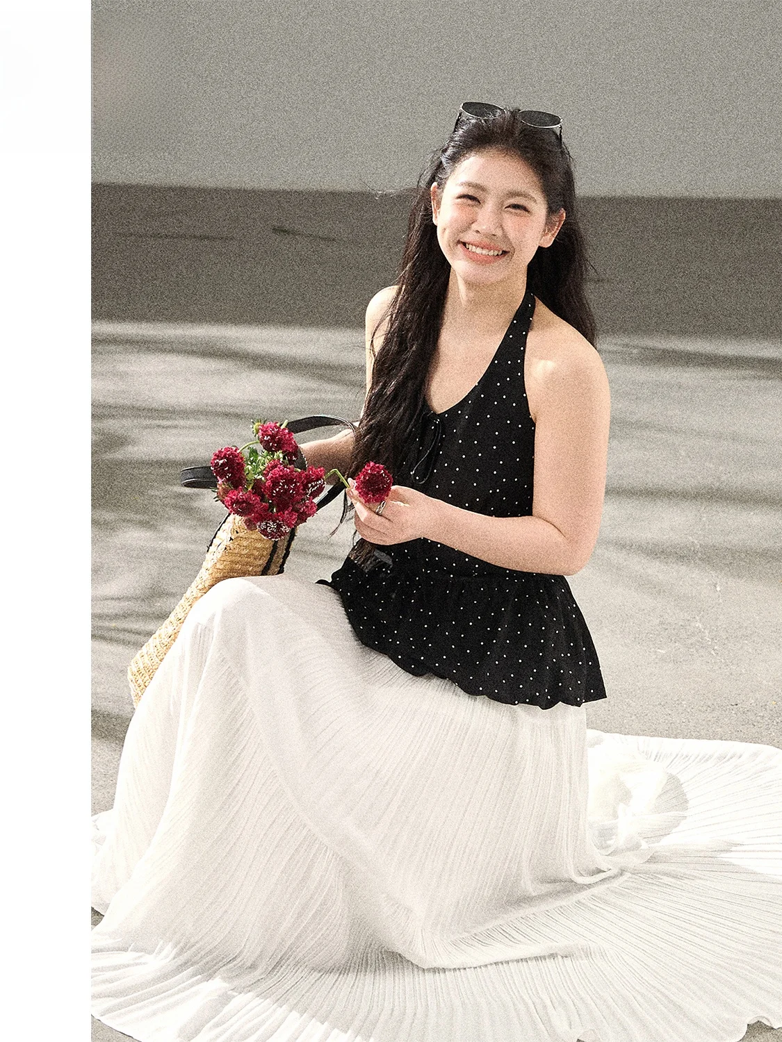 

plus Size Women's Summer Vacation Style White Accordion Pleat Halter Neck Skirt Set Korean Fashion Slimming Casual Wear