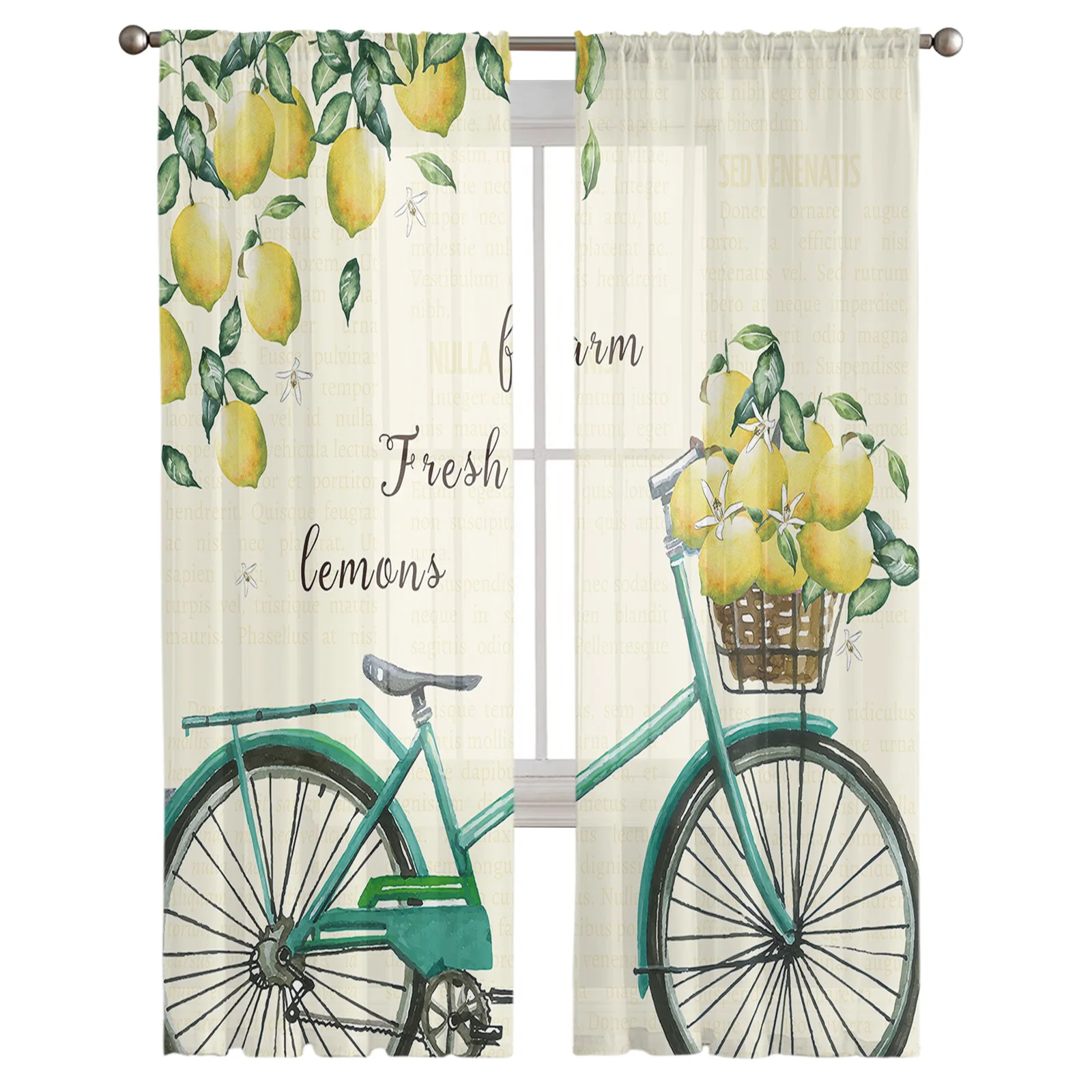 Fresh Lemon Bike Fruit Tulle Curtains for Living Room Bedroom Decoration Modern Chiffon Sheer Voile Kitchen Window Curtain