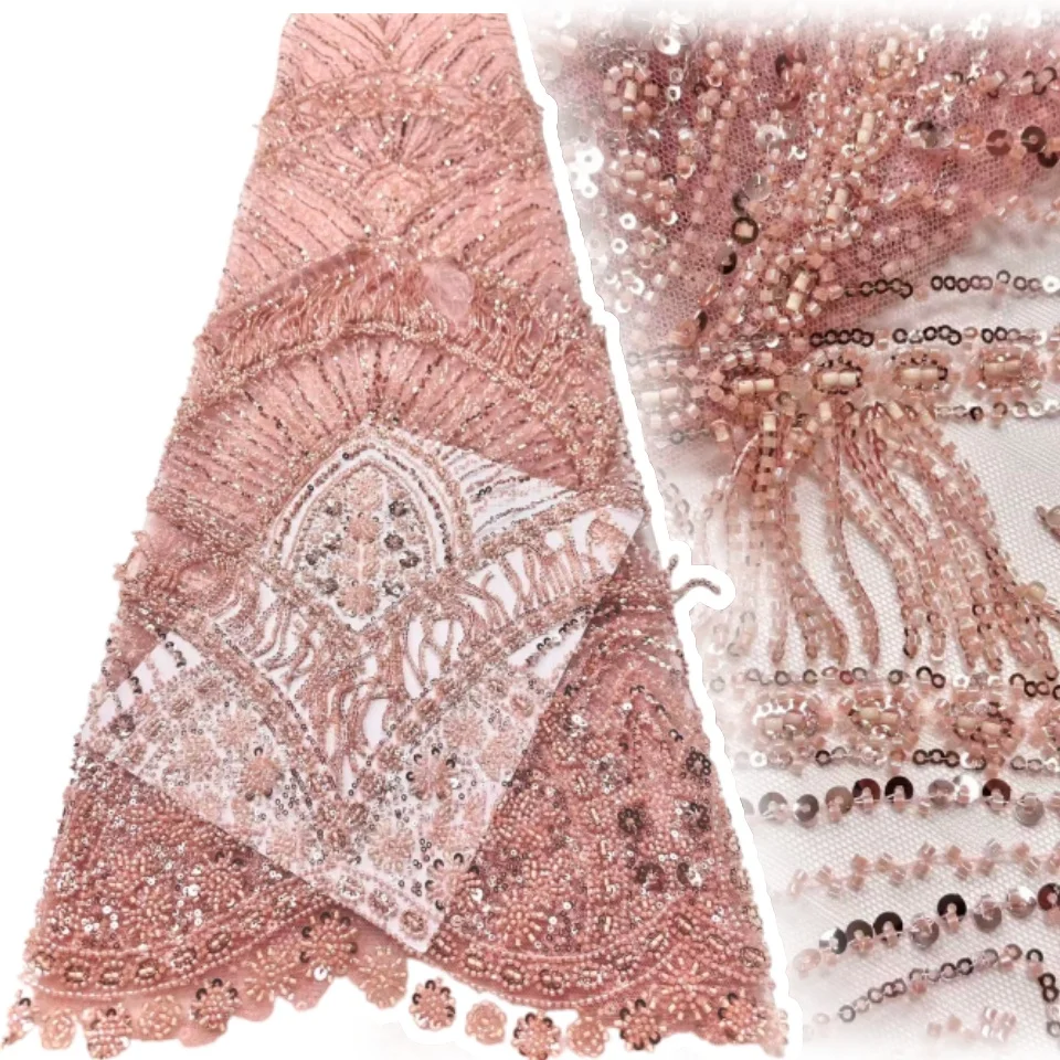 

High Quality New for Party Dress Luxury Beaded with Sequins Fringed Lace Fabric Nigeria Embroidery Sequin Tassel Fabric SZ1587