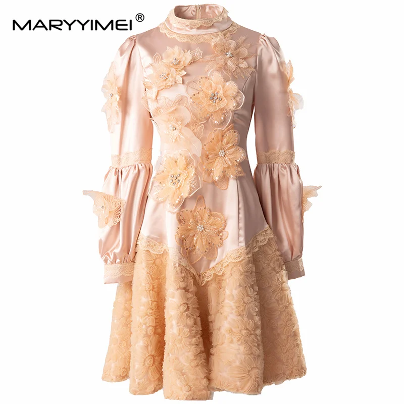 MARYYIMEI Stitched Beaded Flower Ceremonial Dress Stand Collar Long Sleeve Waist Dress 2026 Autumn Women's New Style