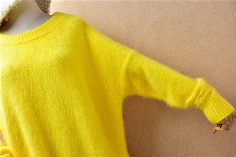 04 Ladies Women Fall Winter Clothing Yellow Hairy Mink Cashmere Knitted O-Neck Split Loose Pullover Angora Fur Jumper Sweater