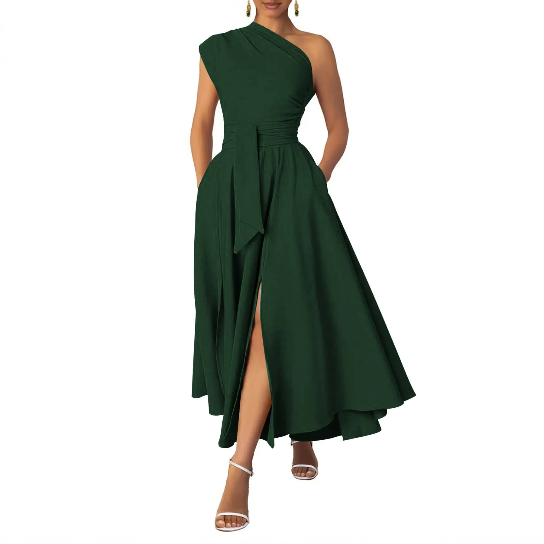 

Yolanda Customized 2026 Simple Mother of the Bride Dress One Shoulder Belted Maxi Plus Size Wedding Guest long Dress with Pocket
