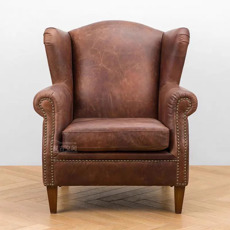 American-style tiger chair leisure single sofa chair, vintage study and living room cigar bar oil wax leather chair