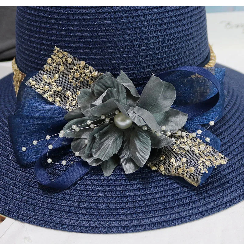 Fashion Women Summer New Women\'s Sun Hat Bucket Cap Beige Lace Bowknot Flowers Ribbon Flat Top Straw Hat Beach Caps Panama Gift