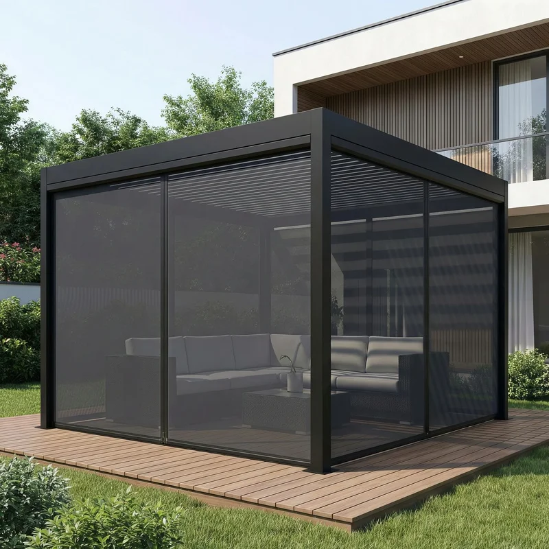 Custom Shade Aluminum Cabana with Opaque Privacy Blinds Modern Motorized Louvered Pergola Balcony & Poolside Summer Use