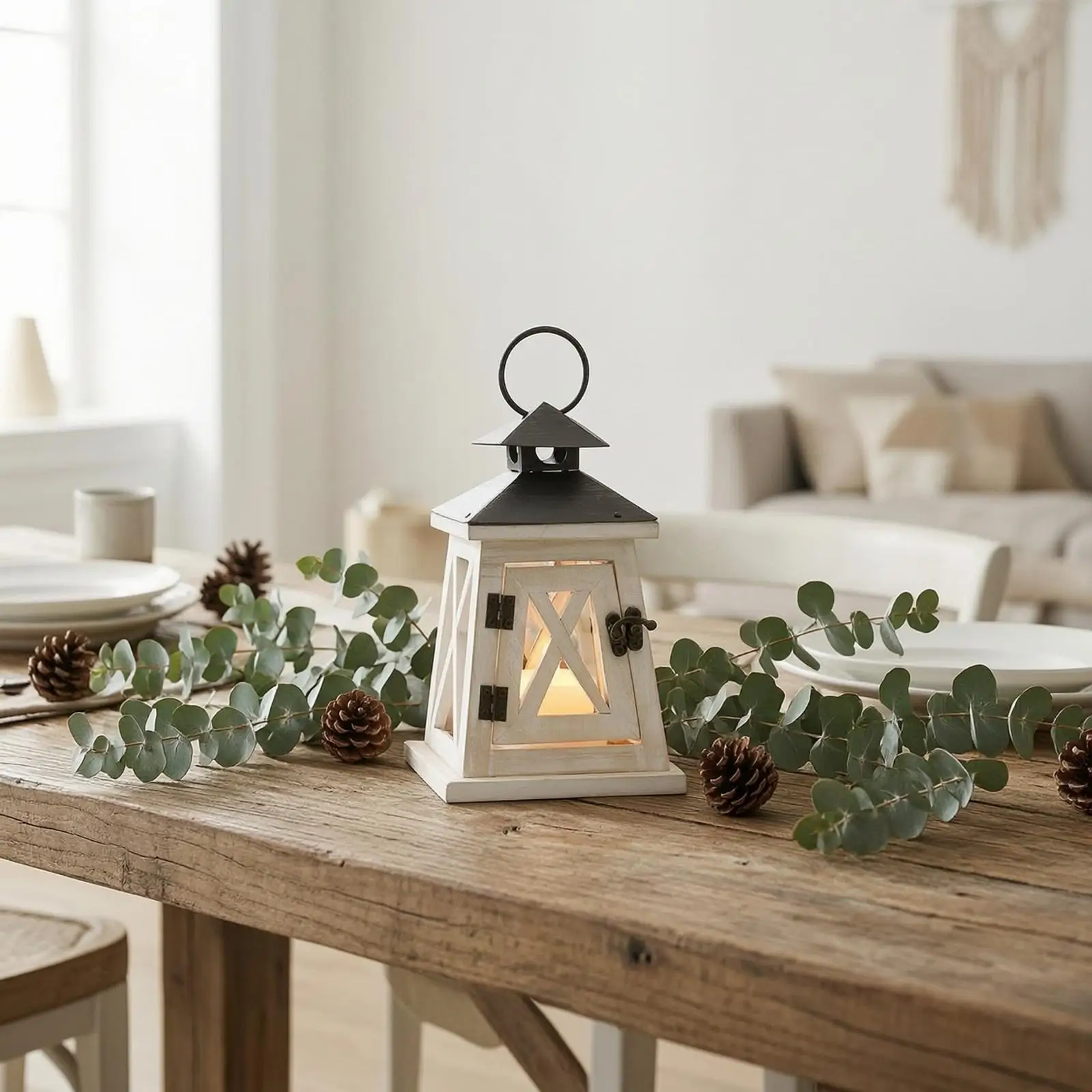 Indoor Candle Holder Pine Wood Wrought Iron Lantern Portable Candle Stand Holder for Wedding Decor