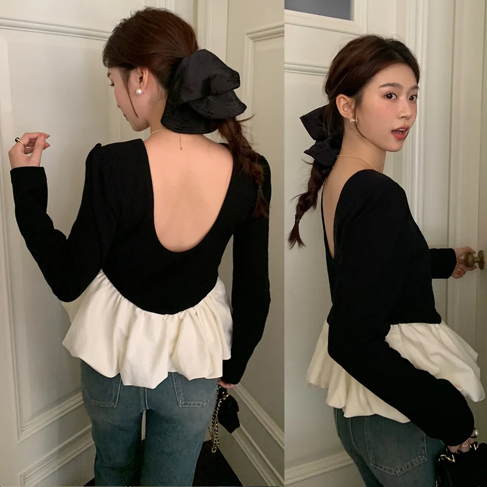 New Spring Summer Leisure Unique and Romantic Elegant and Elegant Style Spliced with Bubble Hem Open Back Shirt Women's Top