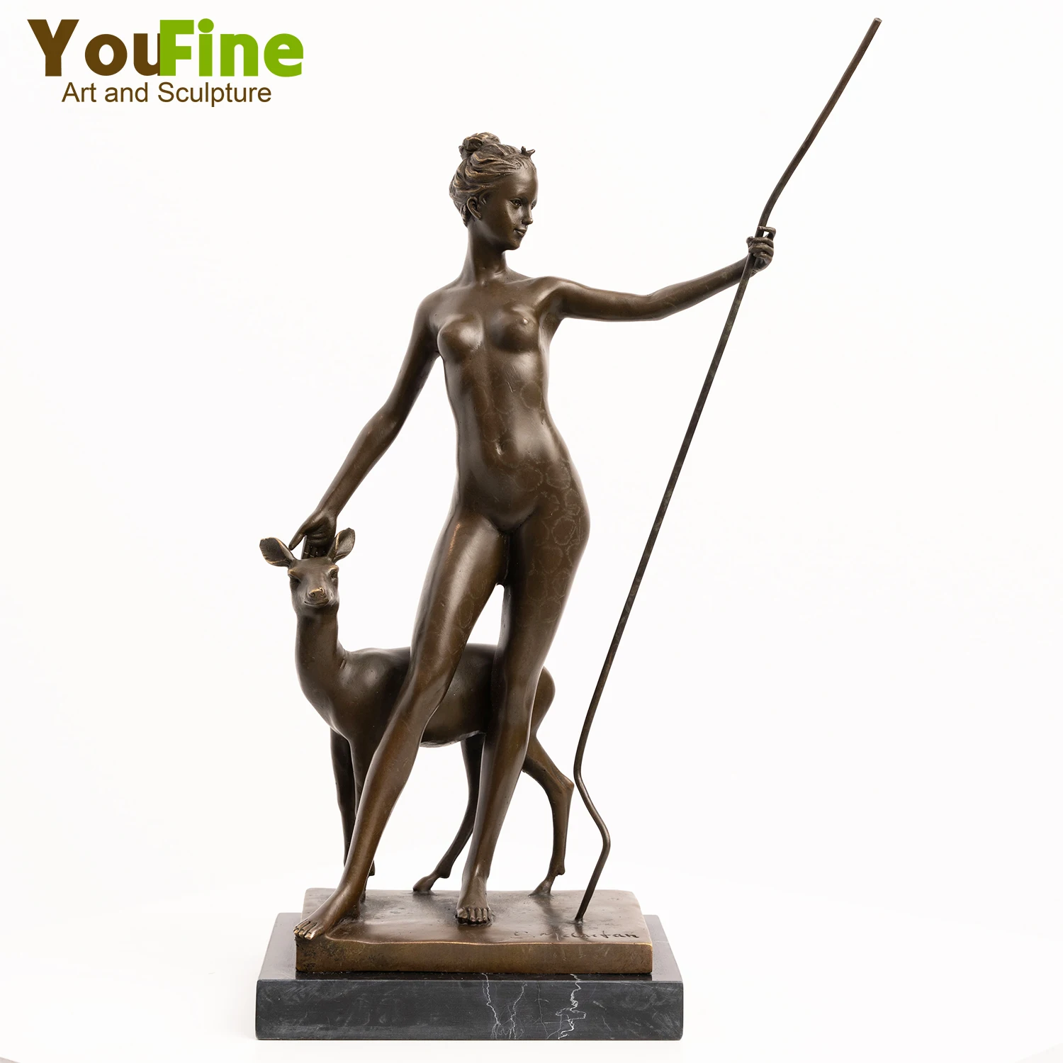 Bronze Hunting Goddess Of Diana Artemis Statue Greek Mythology Bronze Hunter Sculpture With Deer For Home Decor Crafts Ornament