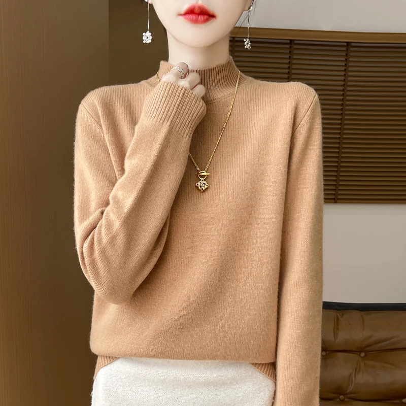 سترة محبوكة من One Line نصف ارتفاع 100% Andy Velvet للنساء للخريف والشتاء، نمط أساسي فضفاض بأكمام طويلة GH79