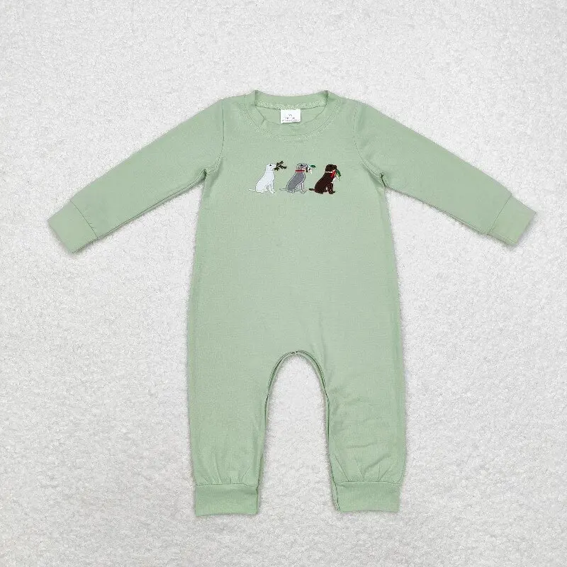 8.20y Western Style Baby Boys Romper Green Long Sleeve Onesie Embroidered Hunting Puppy Design Wholesale Boutique Baby Clothing