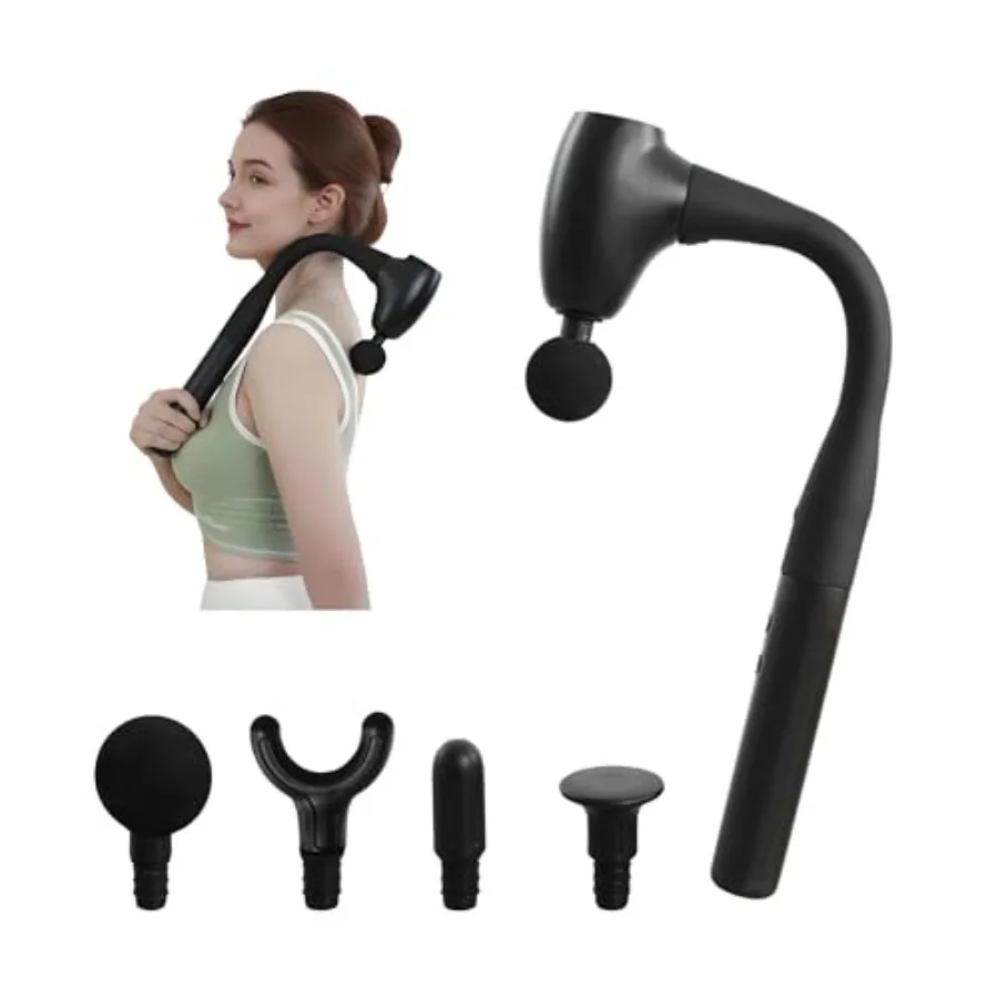 

Массажный пистолет с удлиненной ручкой, улучшенный U-образный массажер для спины, достигает труднодоступных мышц, 4 массажных насадки и 4 уровня скорости