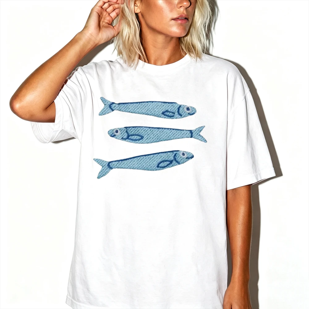 Women Three Blue Sardine Fish Hand Drawn Graphic Short Sleeve T Shirt Vintage Ocean Fish Print Casual Y2K Daily Streetwear Tees