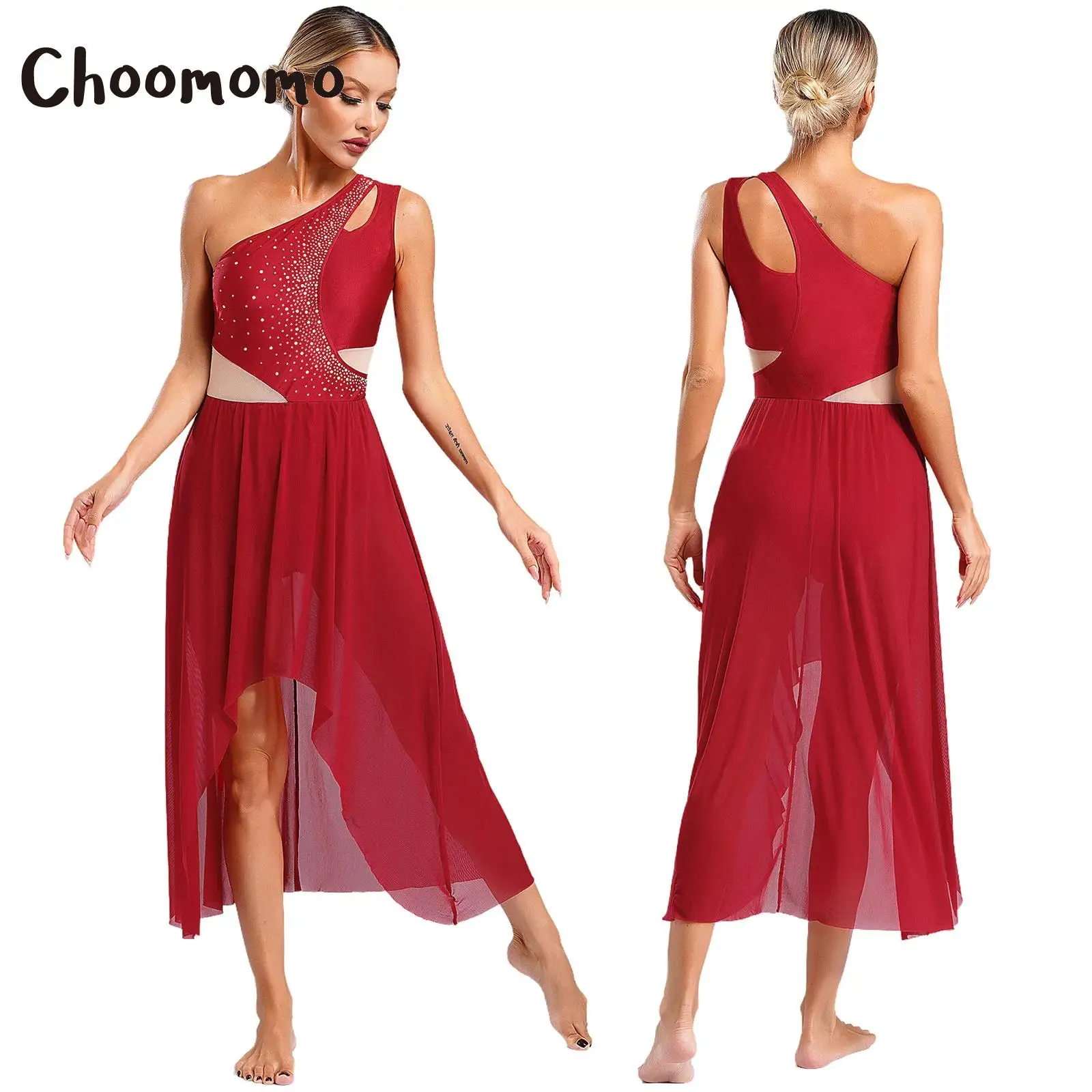 

Women Lyrical Dance Costume Rhinestones One Shoulder Sleeveless Rhinestones Modern Ballet Gymnastics Ice Skating Leotard Dress