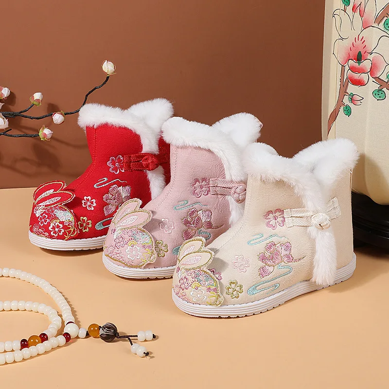 

Girls' Hanfu Shoes New Embroidered Shoes Chinese Style Plush Autumn Winter Cotton Princess Ancient Non Slip Children's Boots