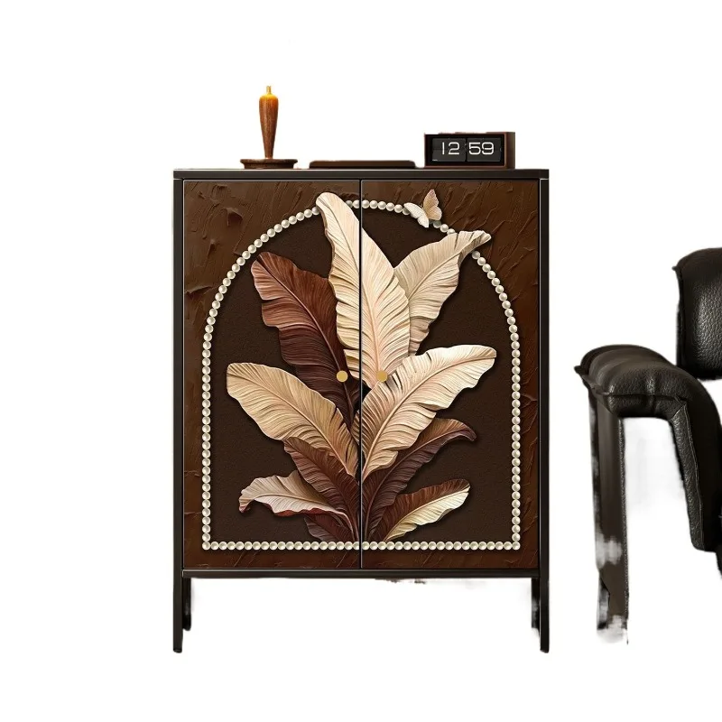 Vintage art leaf pattern double door chest, living room bedroom sofa side locker