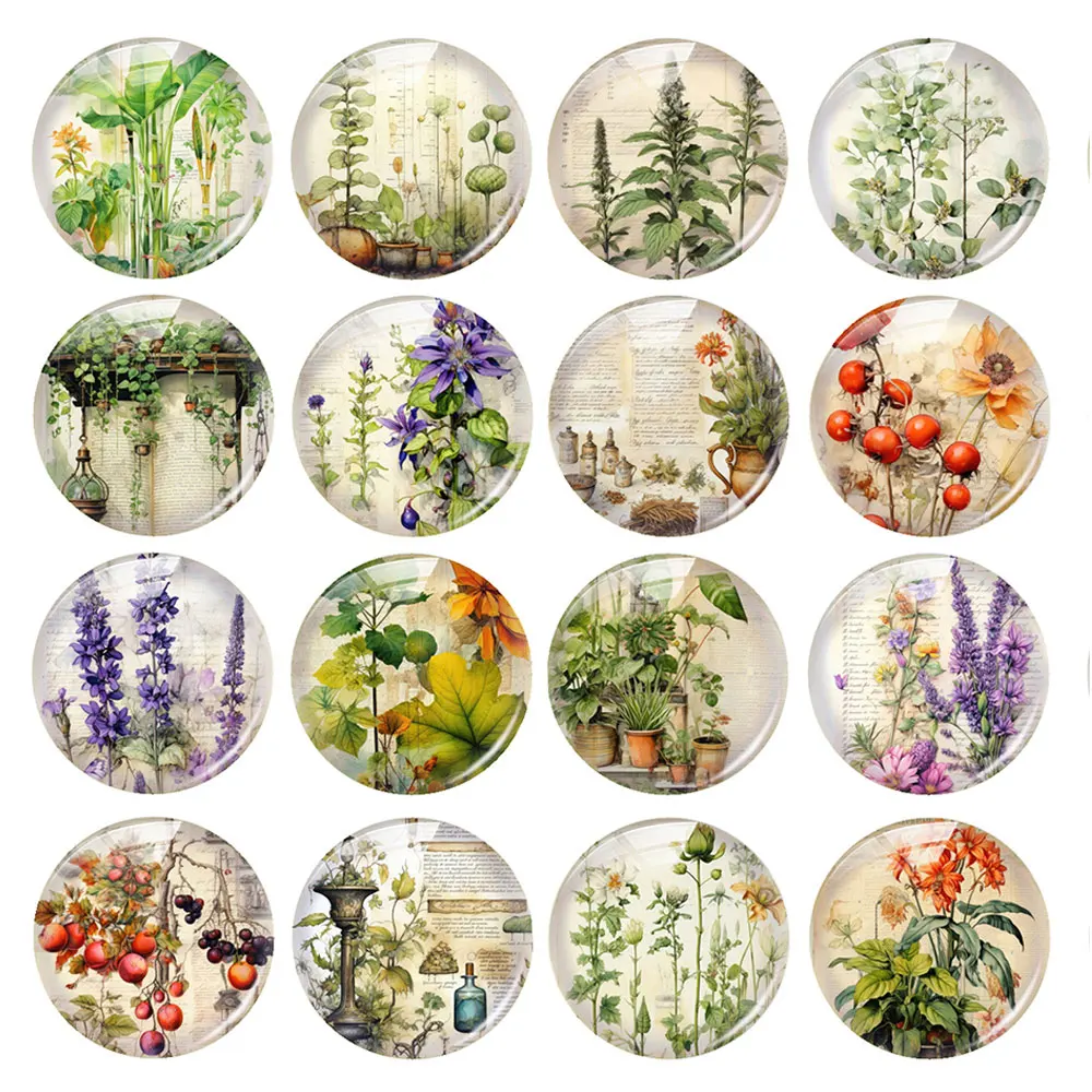 Random Mixed Round/Oval/Square Retro Flower Plants Photo Glass Cabochon Flatback Demo Cameo For Diy Jewelry Making Handmade