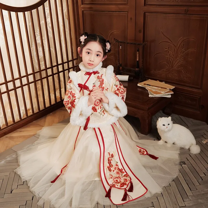 Red Chinese New Year Clothing For Girl Children Winter Tang Suit Cheongsam Flower Girl Dress Ancient Princess Hanfu Costume Kids