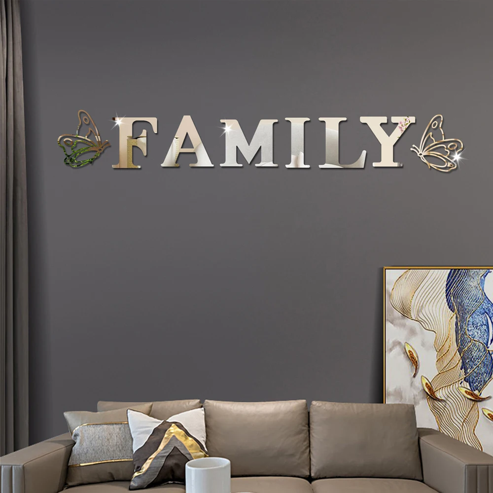 اثنين من الفراشات الإنجليزية رسائل الأسرة ثلاثية الأبعاد مرآة ملصقات جدار ذاتية اللصق لتقوم بها بنفسك الاكريليك الشارات لغرفة المعيشة ديكور المنزل