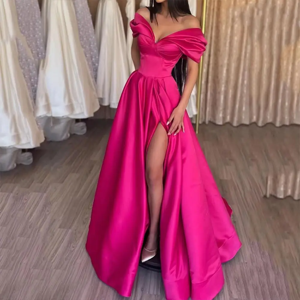 

Ruched Off Shoulder Simple Evening Dresses Side Slit V-Neck Fuchsia Satin A Line Long Elegant Formal Party Prom Dress For Women