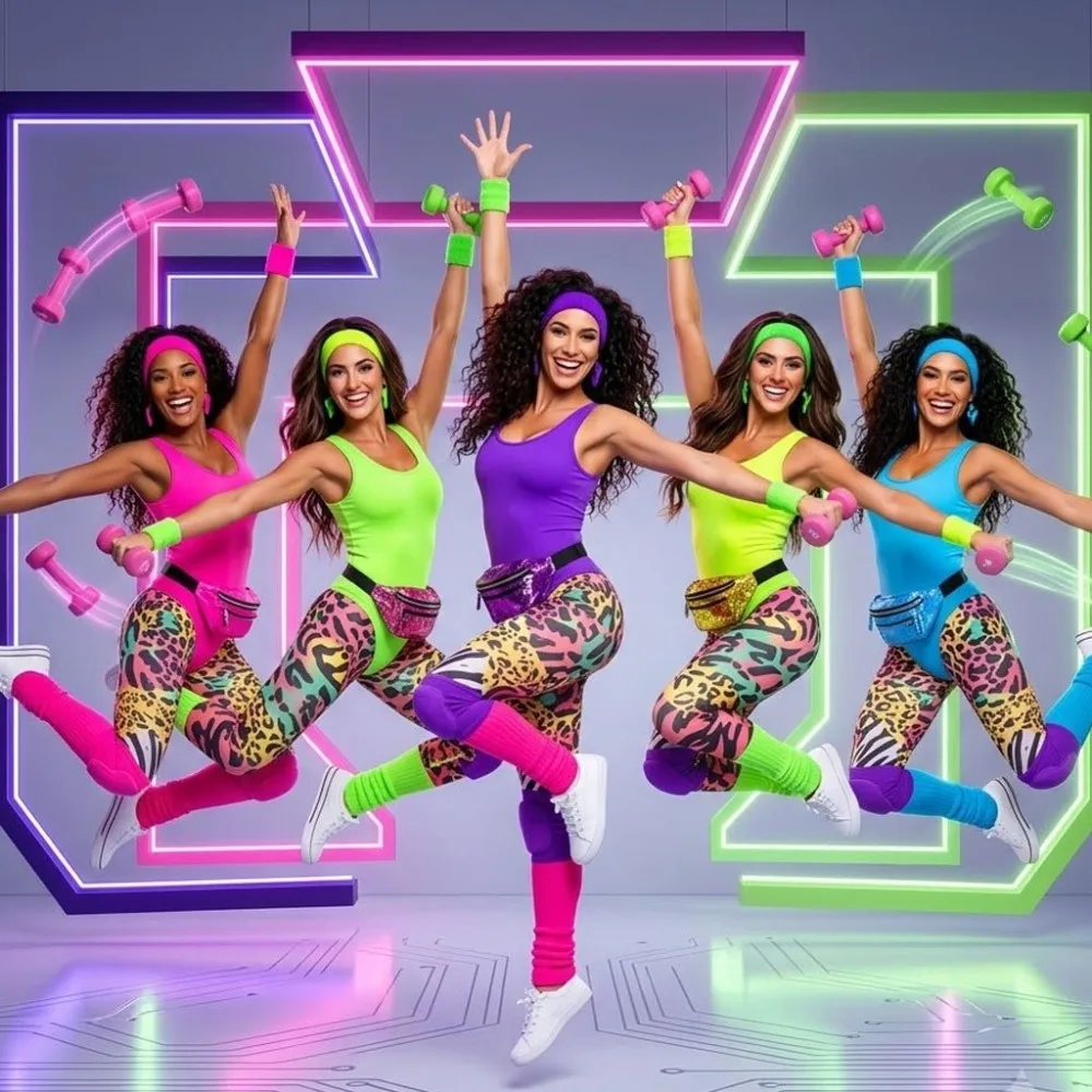 Conjunto de Disfraz Deportivo Estilo Neón de los 80, Leggings con Estampado Animal Colorido + Leotardo Brillante con Diadema, Muñequeras, Calentadores de Piernas y Riñonera