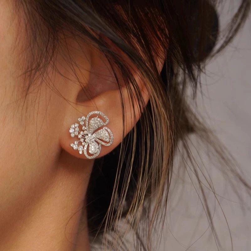 Huitan Sparkling Flower Stud Earrings Women Aesthetic Accessories for Engagement Silver Color Shiny Zirconia Jewelry for Wedding