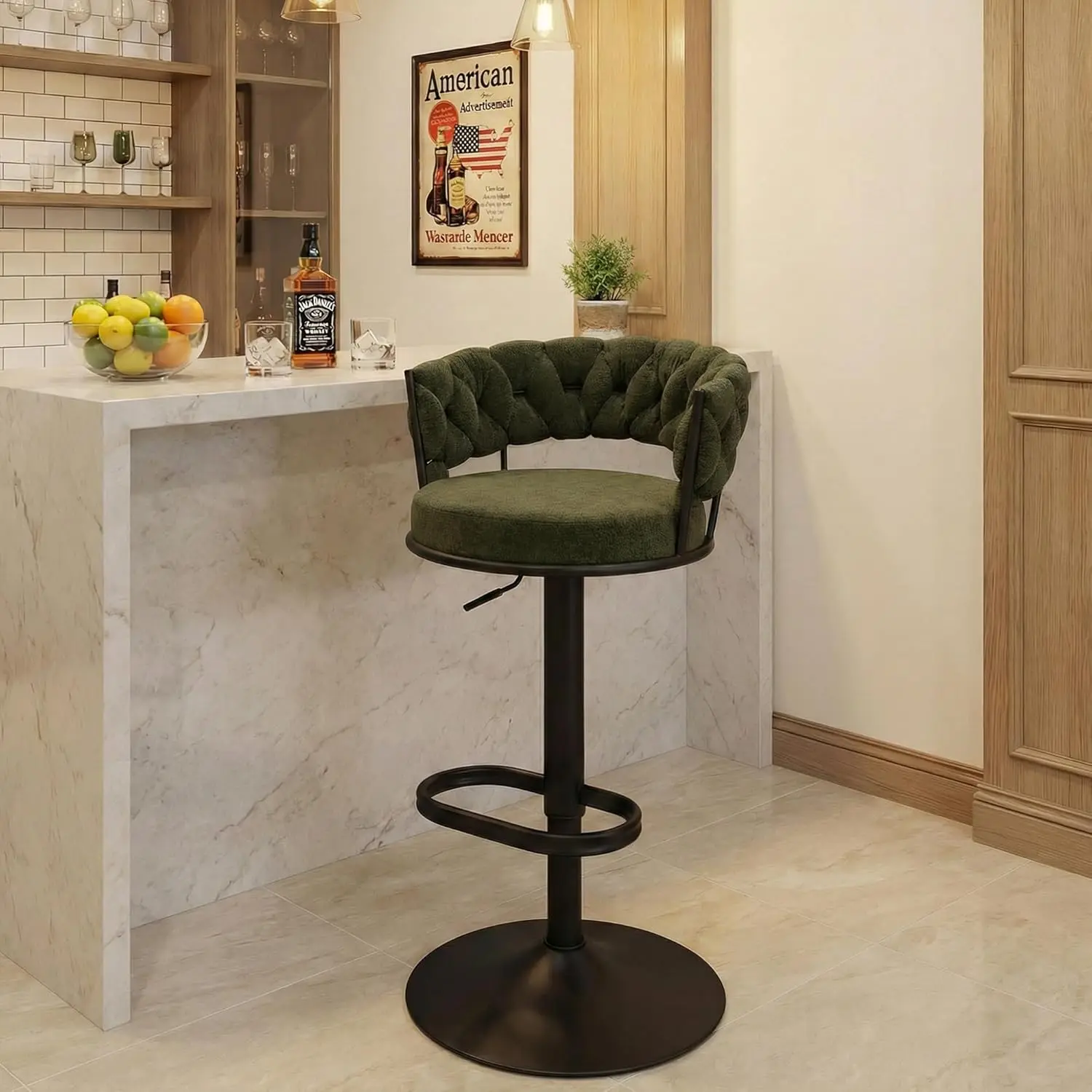 

Adjustable Swivel Bar Stool with Woven Back Metal Legs Large Footrest Chenille Upholstery Green