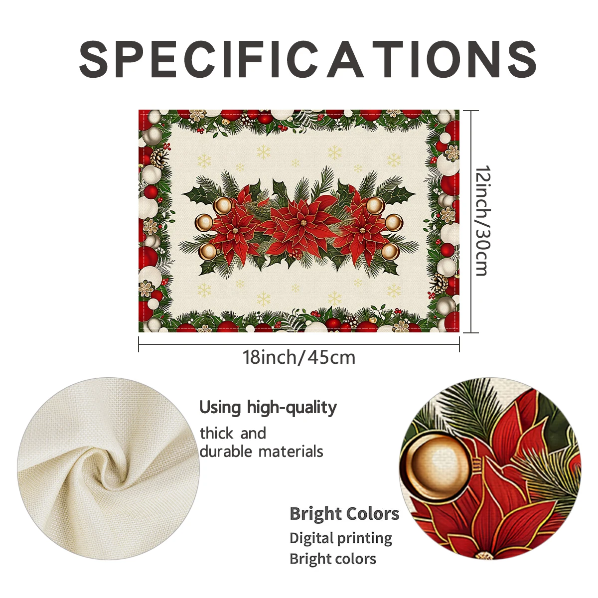 1/4/6pcs Christmas placemat 12x18 inches, water buffalo checkered floral print anti slip and heat-insulating placemat