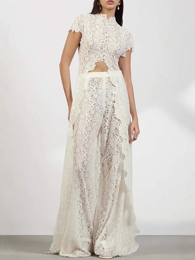 White Lace Embroidery Pant Suit Women Stand Neck Sleeveless Hollow-out Waist Cinching See Through Set Lady Summer Sheer Outfit