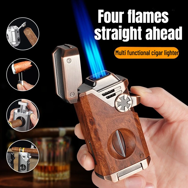 

New Multifunctional Cigar Lighter with Cigar Cutter Straight Forward Windproof Blue Flame Men's High-end Gift Cigarette Lighter