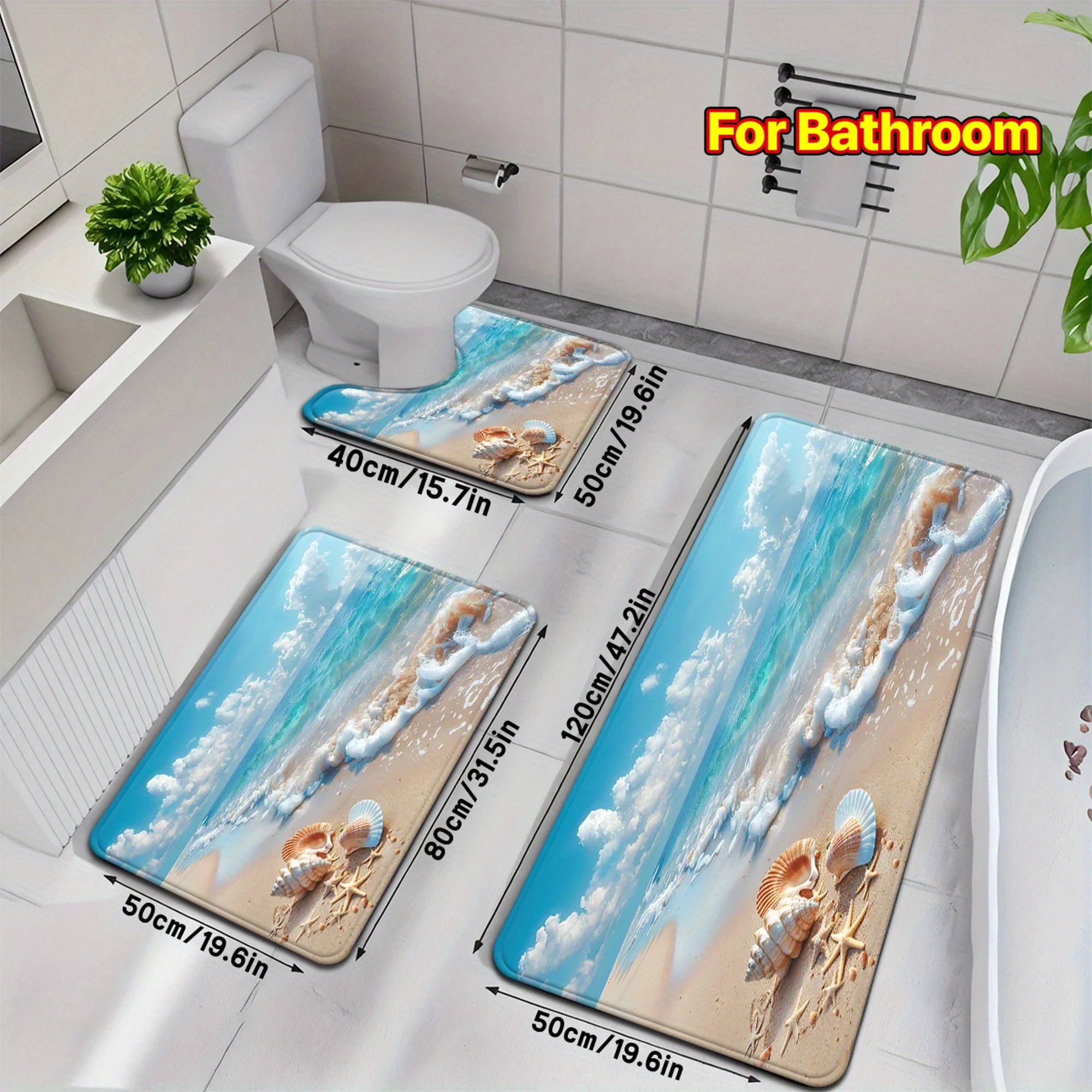 

Набор из 3-х 3D-печатных ковриков для ванной комнаты с морским пейзажем, нескользящие водонепроницаемые напольные коврики для туалета, раковины, душевой зоны, декор для дома