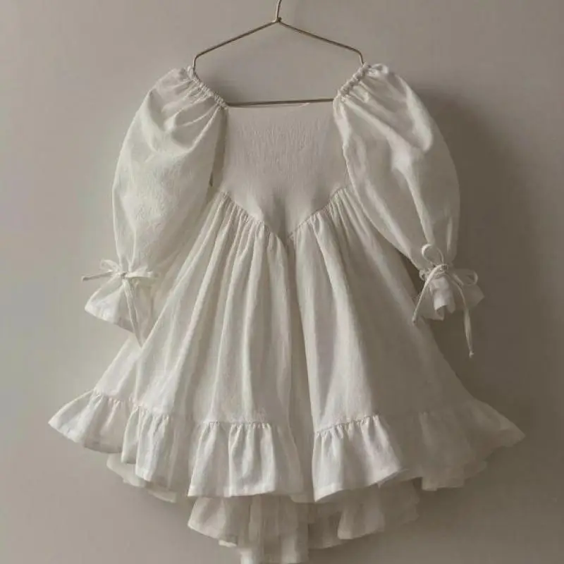 Spring Autumn Girl Kid Sweet Solid Ruffle Puff Sleeves Lolita Dress Children Casual Cotton Linen Princess Dresses Baby Clothes