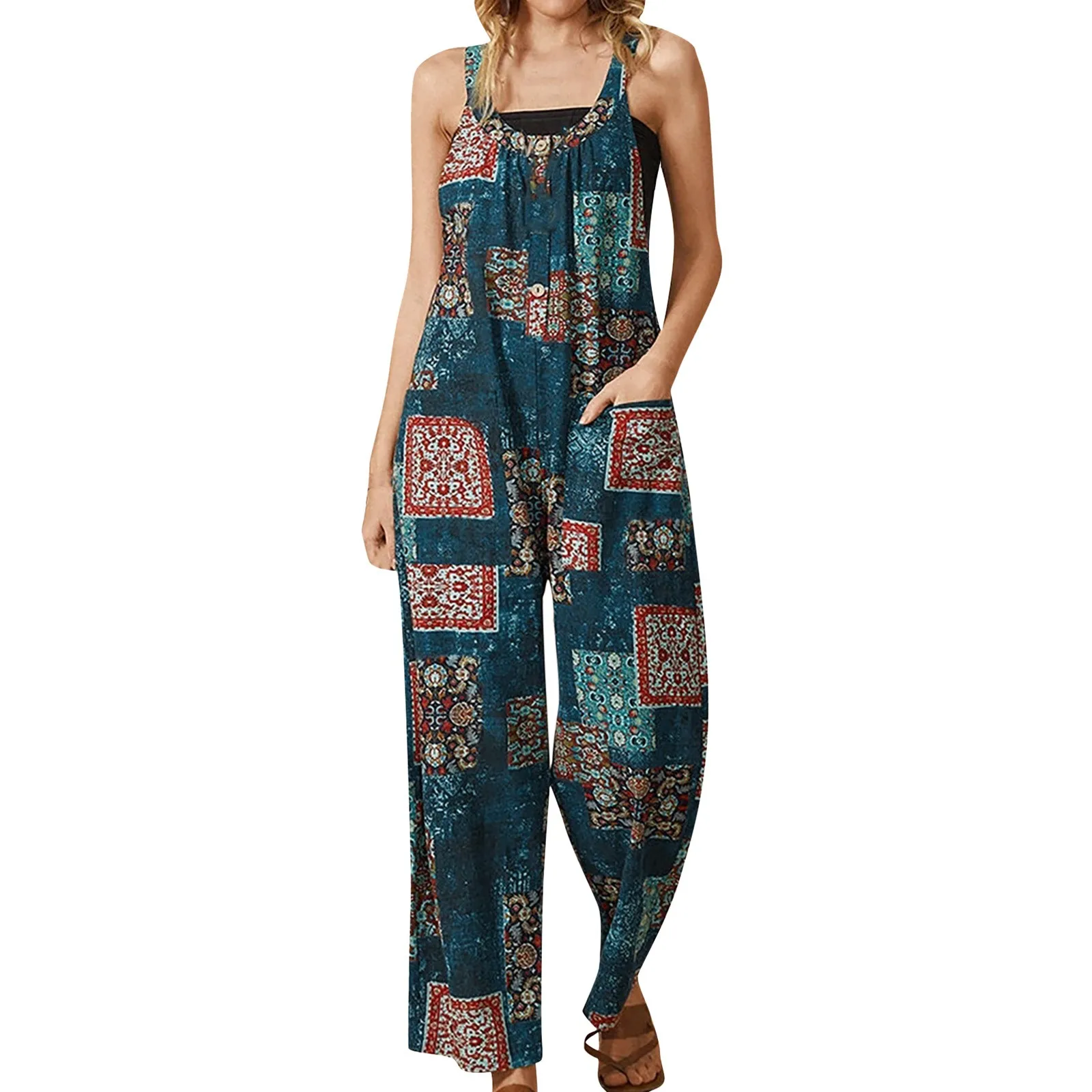 Womens Wide Leg Jumpsuit With Pockets Vintage Printed Casual Overalls With Pocket Sleeveless Baggy Rompers комбинезон женский