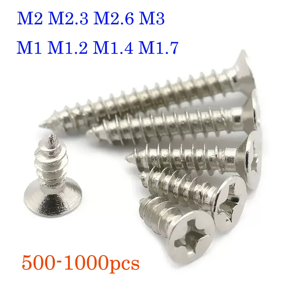 500-1000pcs Phillips Flat Countersunk Head Self-Tapping Wood Screw M1-M3 Stainless Steel Cross Recessed Thread Drywall Screws