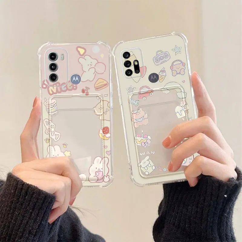 G 60 Cute Animal Transparent Card Pocket Phone Case For Motorola Moto G60 G40F G52 G82 G60S G50 G31 G10 G22 G9Play G30 G20 Cover