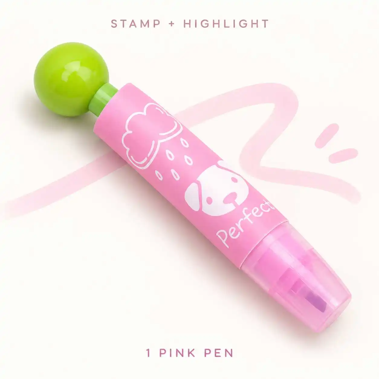 Pink Stamp Highlighter Pen with Ball-Shaped Rear Cap Dog Perfect Design Journal Marker Single Piece