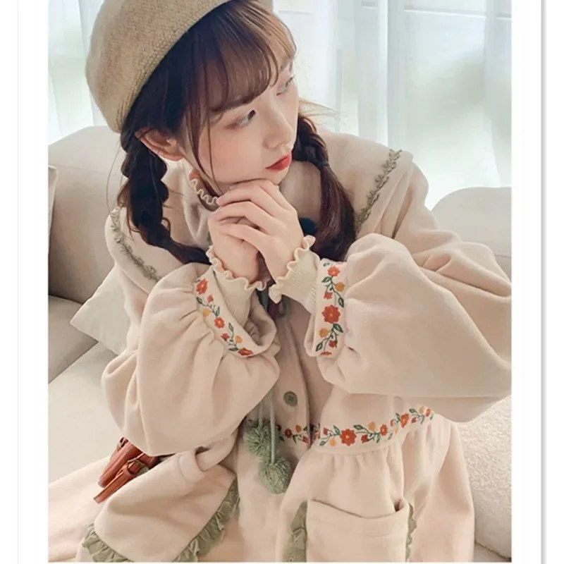 Vintage Sweet Mori Girl Style Thickened Long Tweed Coat Autumn Winter Japanese Kawaii Doll Collar Embroidery Women Tweed Jackets