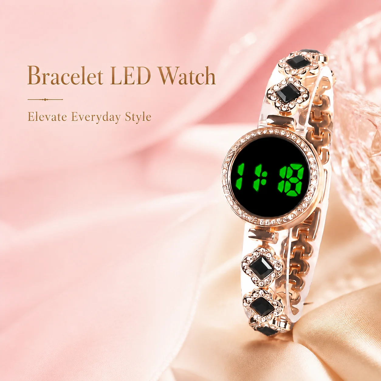 Women's Bracelet-Style LED Digital Watch, Rose Gold Metallic Strap, Multiple Colors Available, Fashionable and Versatile