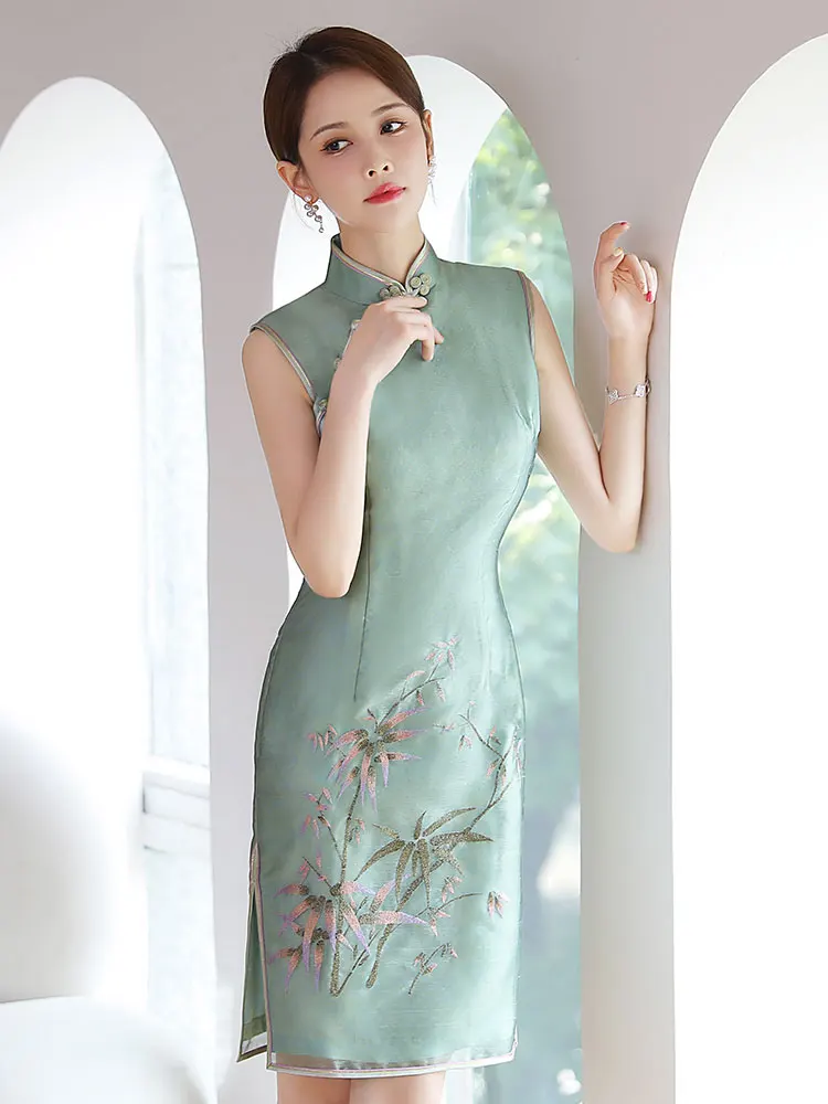 

Новое летнее женское повседневное платье-ципао ручной работы с вышивкой, из бамбука и натурального шелка, двухслойное, в стиле флагоносецкого платья